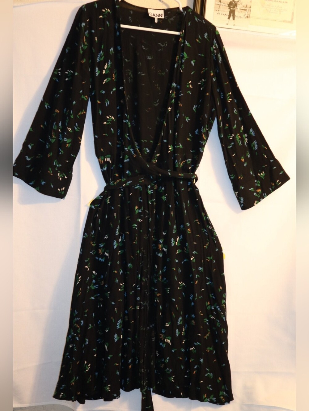 GANNI Printed Crepe Wrap Dress Verdant Green Floral Size 38 USA 6 - Picture 7 of 13